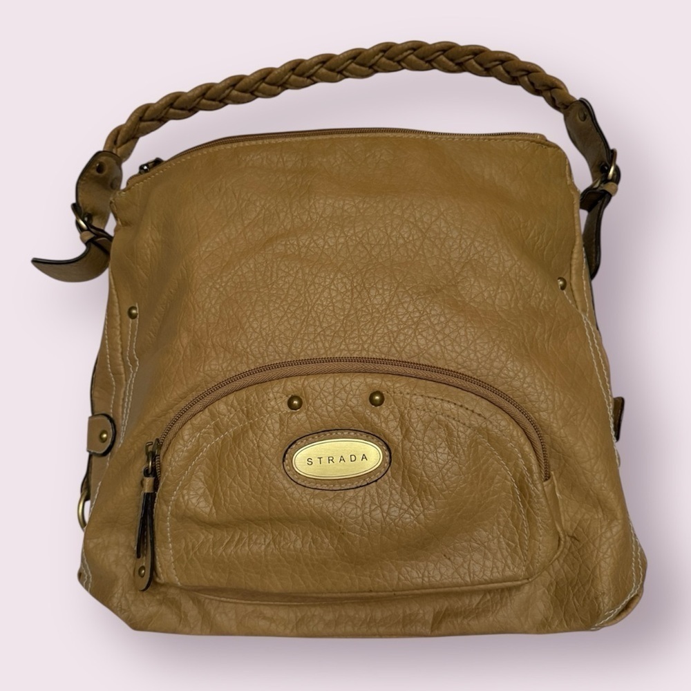 Strada Tan Beige Leather Braided Handle Boho Hobo Purse